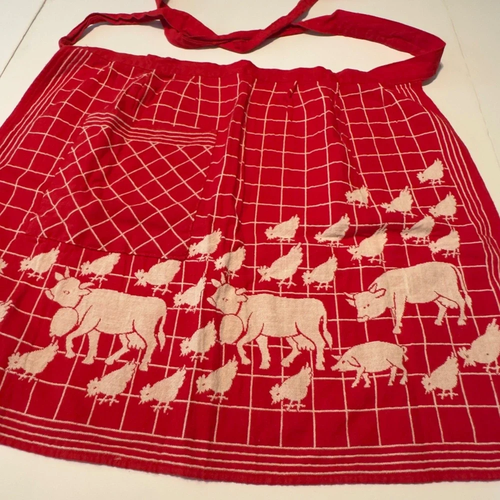 Vintage Tiroler Webkunst Red Farm Animal Cotton Half Apron Made in Austria